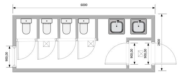 Блок-Контейнер сантехнический с тамбуром с умывальниками и четырьмя туалетами модель: РС-С04