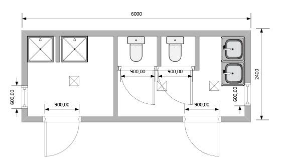 Блок-Контейнер сантехнический с двумя душевыми и двумя туалетами модель: РС-С05